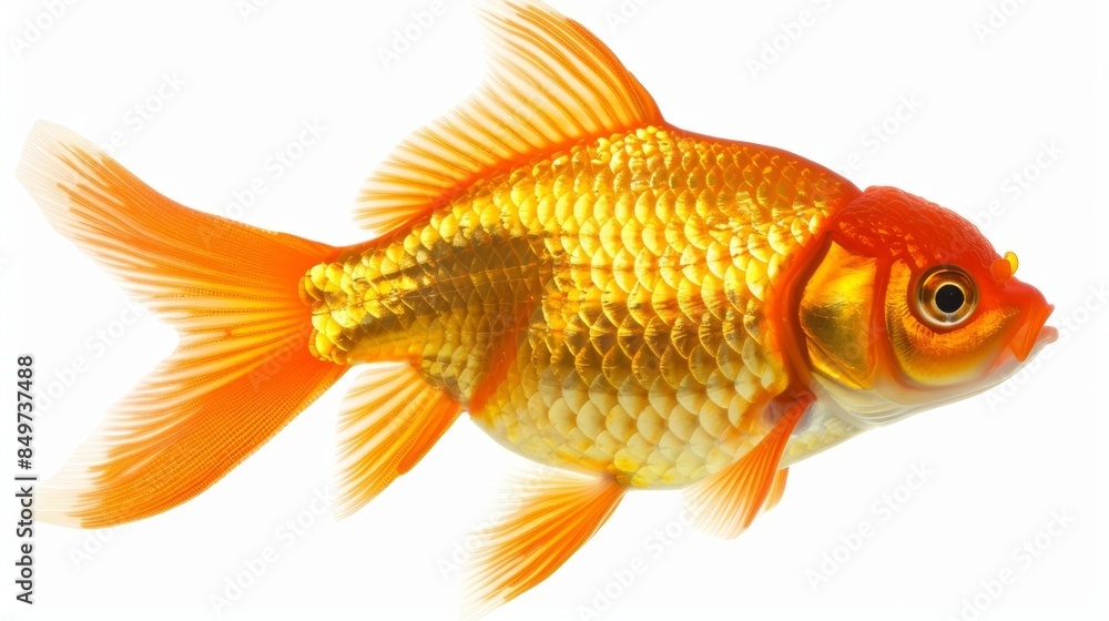 Peaceful goldfish with spread-out fins is swimming gracefully against a white backdrop Peaceful goldfish with spread-out fins is swimming gracefully against a white backdrop