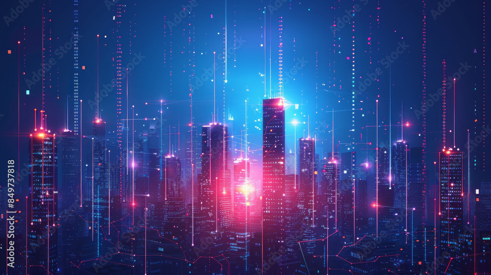 communication and network connection concept, a city skyline with jumping network lines illustated.generative ai communication and network connection concept, a city skyline with jumping network lines illustated.generative ai