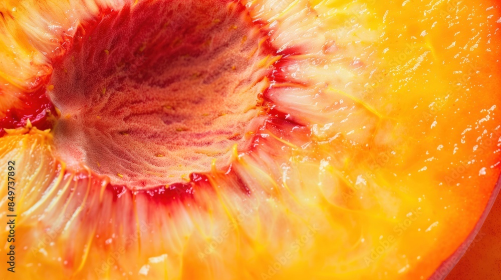 Peach slice macro close-up. Juicy peach texture surface for wallpaper banner background with copyspace Peach slice macro close-up. Juicy peach texture surface for wallpaper banner background with copyspace