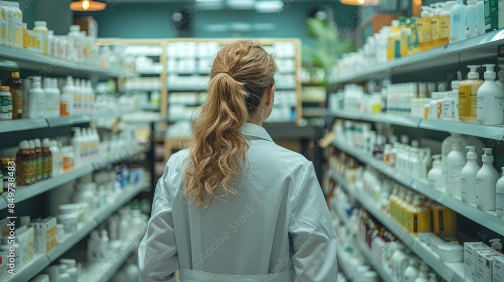 A woman in a white lab coat is walking down a pharmacy aisle. She is looking at the shelves and seems to be searching for something A woman in a white lab coat is walking down a pharmacy aisle. She is looking at the shelves and seems to be searching for something