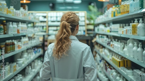 A woman in a white lab coat is walking down a pharmacy aisle. She is looking at the shelves and seems to be searching for something
