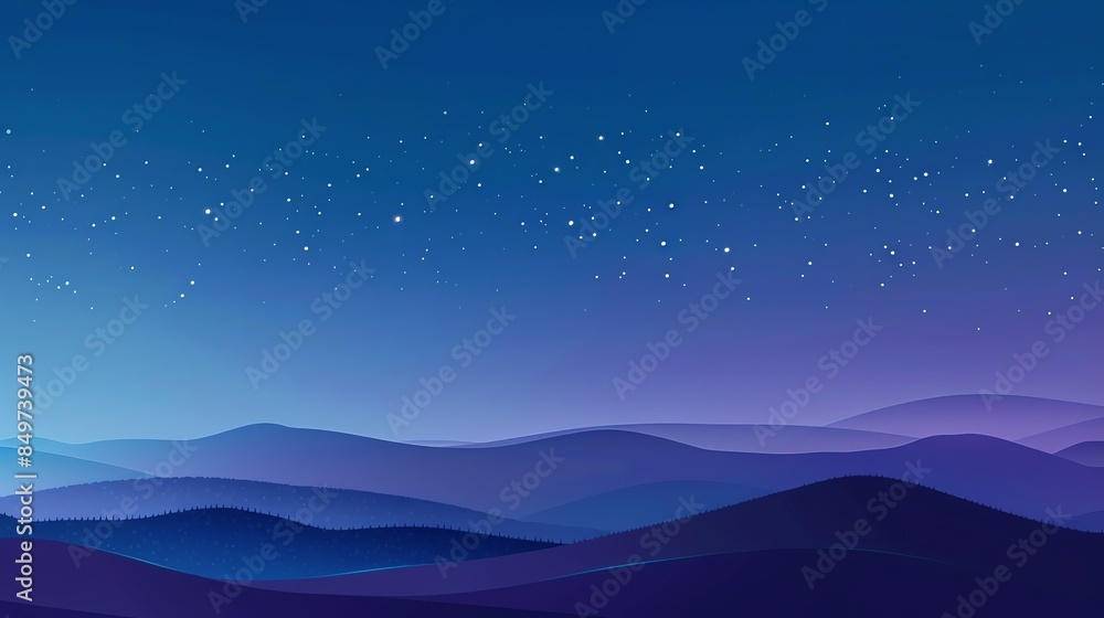 A minimalist illustration of a night sky with a starry sky and layered mountains in shades of blue and purple. A minimalist illustration of a night sky with a starry sky and layered mountains in shades of blue and purple.