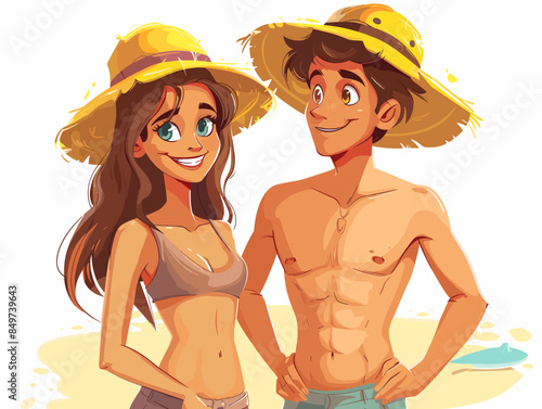 A couple of cartoon characters are standing on a beach, one of them wearing a yellow hat. The woman is wearing a bikini and the man is shirtless. Scene is lighthearted and fun