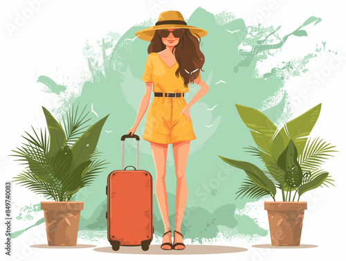 A woman is holding a red suitcase and wearing a yellow dress. She is posing for a picture in front of a green background