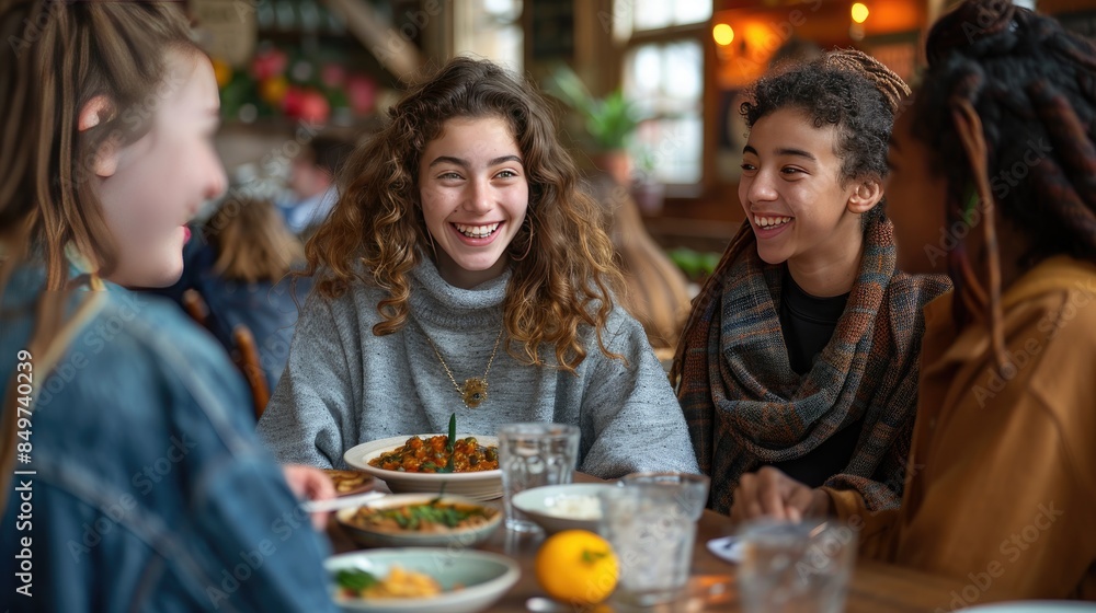 A group of young women are sitting around a table eating and laughing. They are all smiling and enjoying each other's company A group of young women are sitting around a table eating and laughing. They are all smiling and enjoying each other's company