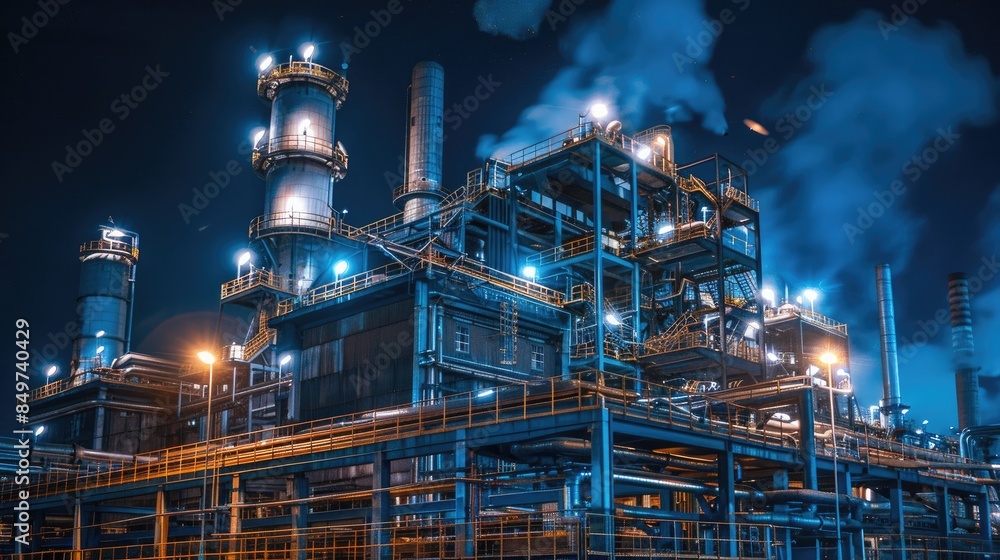 A large industrial plant with a lot of smoke coming out of it. The smoke is dark and the lights are on, giving the plant a somewhat ominous appearance A large industrial plant with a lot of smoke coming out of it. The smoke is dark and the lights are on, giving the plant a somewhat ominous appearance