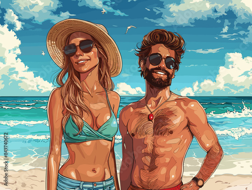 A man and a woman are standing on a beach, smiling and posing for a picture. The man is wearing sunglasses and the woman is wearing a hat. Scene is happy and carefree