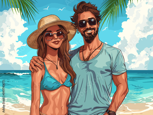 A man and woman are posing for a picture on a beach. The man is wearing a blue shirt and sunglasses, while the woman is wearing a blue bikini. Scene is relaxed and carefree