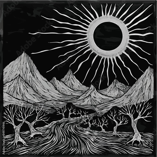 An illustration depicting a solar eclipse over a mountainous landscape with a river flowing through it