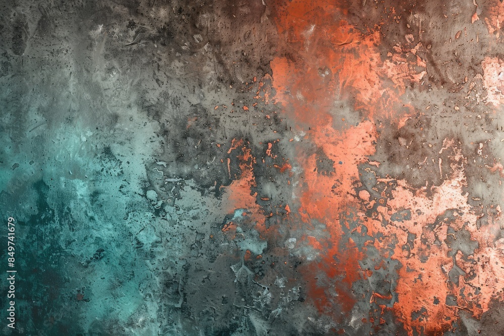 View of Teal and copper paint blend on textured surface, creating mesmerizing ...
