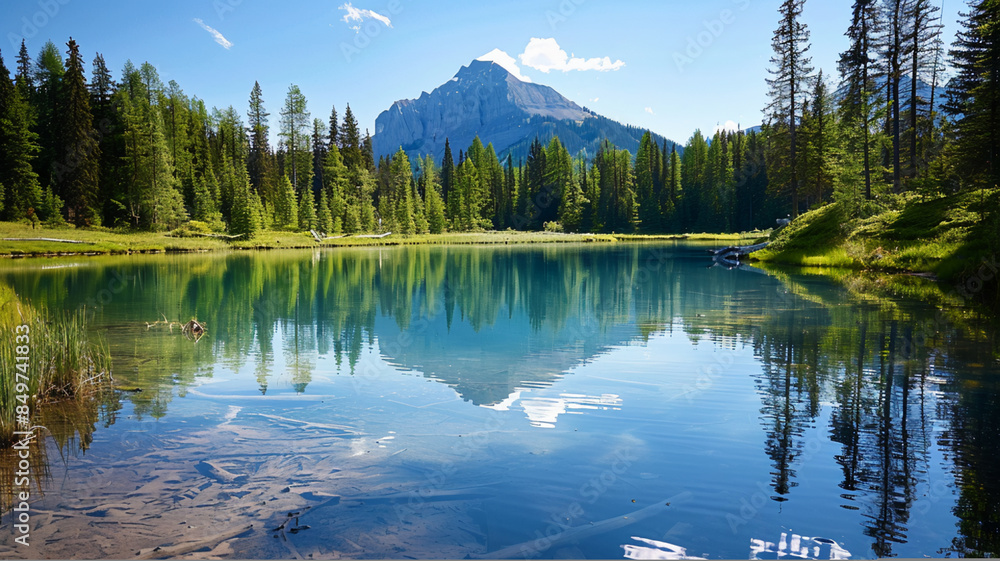 Fototapeta premium Majestic mountain peak reflects in tranquil blue pond, AI Generative