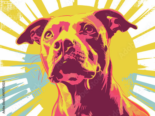 Illustration of a pit bull dog on a sunburst background.
