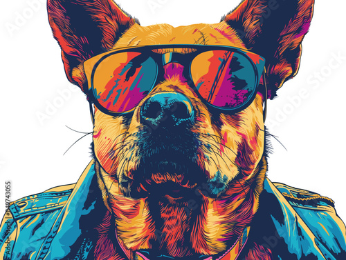 Portrait of a dog wearing sunglasses and a jacket. Vector illustration.