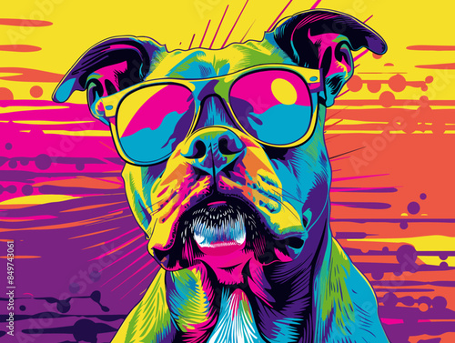 Boxer dog with sunglasses and colorful grunge background. Vector illustration.