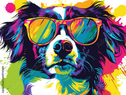 Vector illustration of a dog with sunglasses on a background of colorful spots