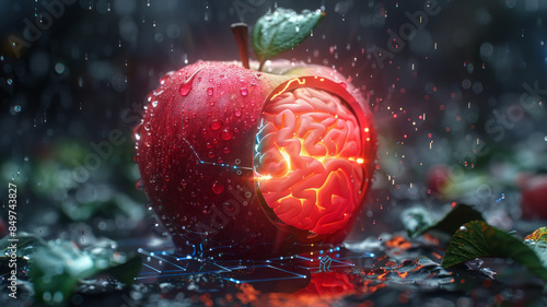 Apple morphing into a brain with lifelike textures, vibrant colors, and digital elements, symbolizing .generative ai