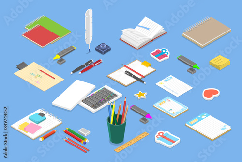 3D Isometric Flat Vector Set of Sketching, Various Tools for Hand Drawing