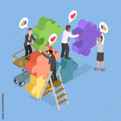 3D Isometric Flat Vector Illustration of Teamwork and Cooperation, Collective Work and Partnership