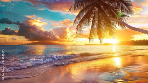 Palm tree sandy beach sunrise  photo