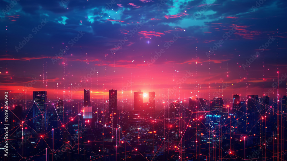 Fototapeta premium communication and network connection concept, a city skyline with jumping network lines illustated.generative ai