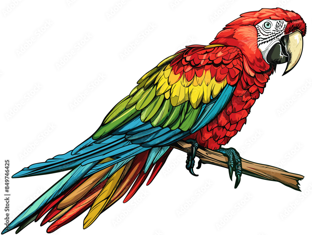 Fototapeta premium A colorful parrot is perched on a branch. The bird's bright colors and its position on the branch create a sense of liveliness and energy