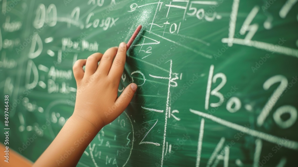 hand holding chalk and writing mathematical equations on the blackboard. hand holding chalk and writing mathematical equations on the blackboard.