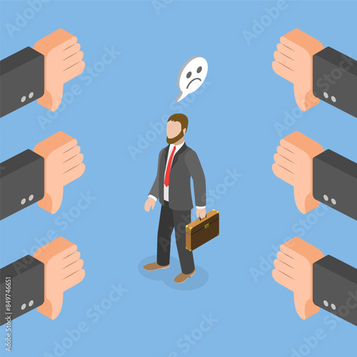 3D Isometric Flat Vector Illustration of Unsuccessful Businessman, Negative Feedback or Dislike