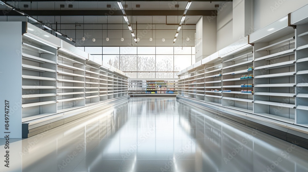 Empty Grocery Store Aisle with Bright Windows Empty Grocery Store Aisle with Bright Windows