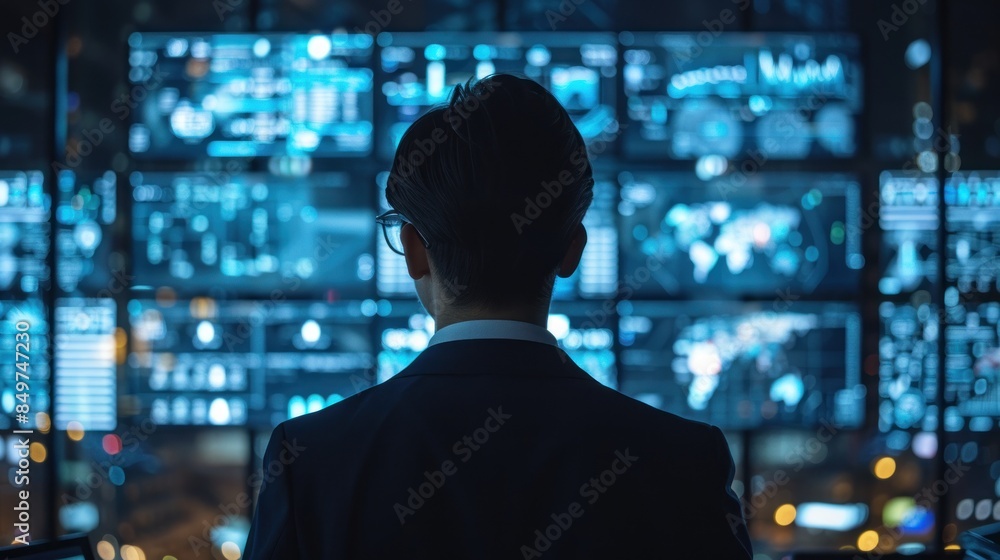 Businessperson Analyzing Data on a Wall of Screens Businessperson Analyzing Data on a Wall of Screens