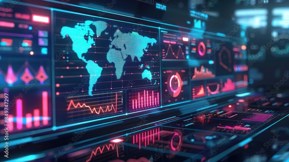 Obraz premium Futuristic Interface with Data Visualization and World Map