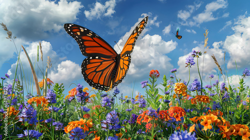 Monarch Butterfly Gliding Over Wildflowers