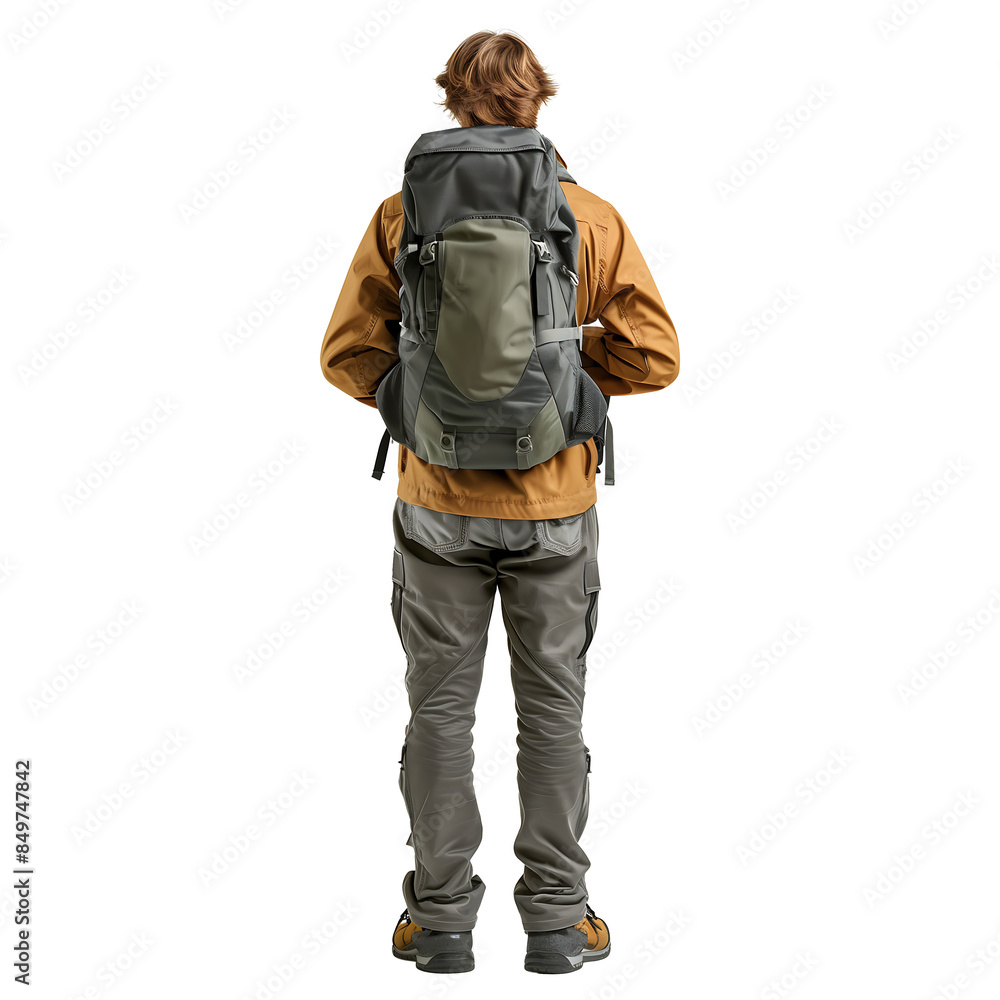 Adventurous man standing with bag pack on transparent background Adventurous man standing with bag pack on transparent background