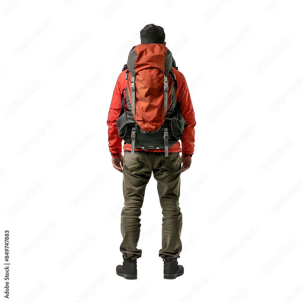 Adventurous man standing with bag pack on transparent background Adventurous man standing with bag pack on transparent background