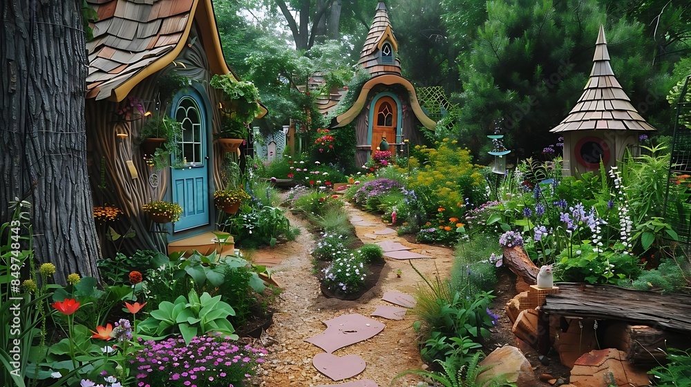 enchanting fairy tale garden with magical pathways and fairy houses, featuring vibrant red and orange flowers, a charming blue door, and a charming brown roof