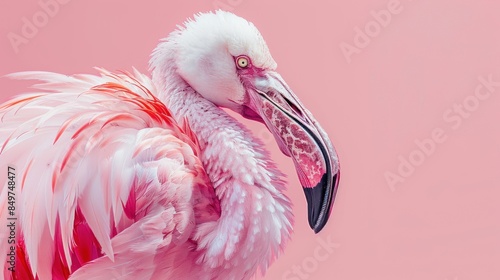 Exotic pink flamingos birds. Flamingo with rose feathers stand on one leg. Rosy plumage flam bird photo
