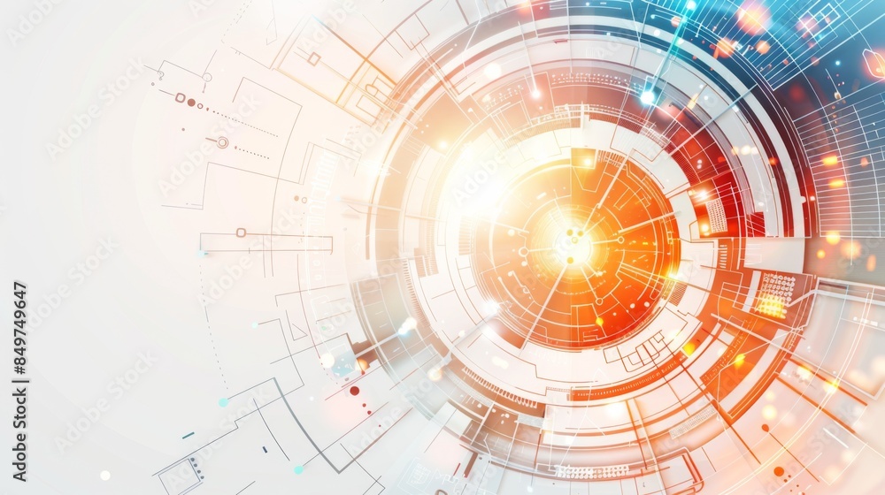 Depicts a radial tech layout with bright central core suggesting concepts of energy, central processing, and control systems Depicts a radial tech layout with bright central core suggesting concepts of energy, central processing, and control systems