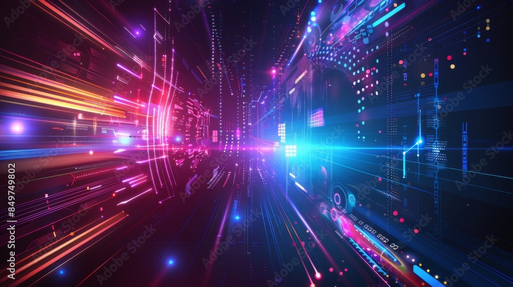 Naklejka premium Deep hues and bright lights create the illusion of a data stream at high velocity