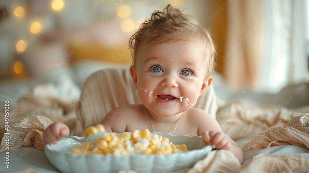 a cute baby happily eating rice milk.generative ai a cute baby happily eating rice milk.generative ai