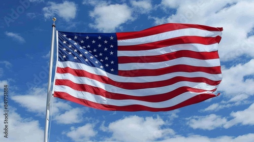 An American flag fluttering in the wind with a background of bright blue sky and clouds, symbolizing liberty