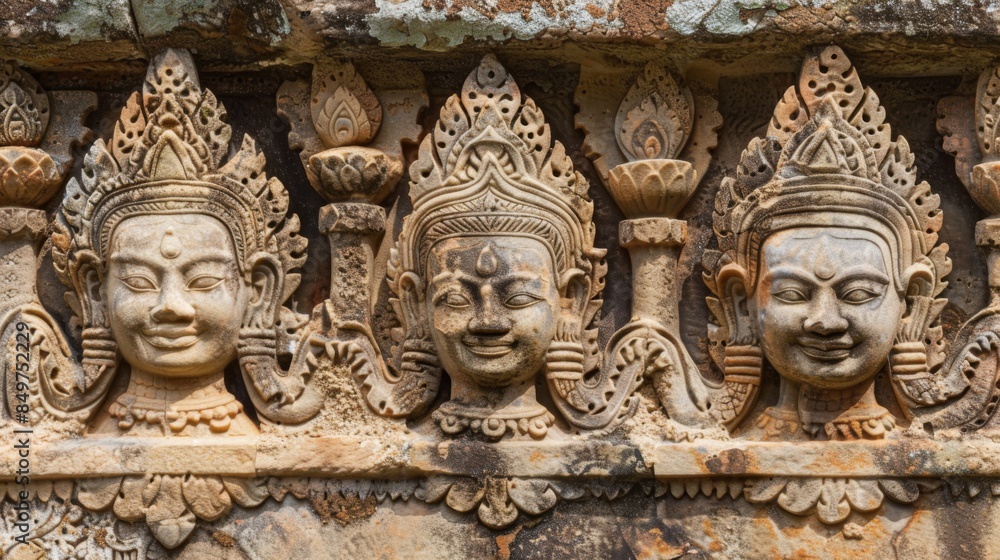 Carved stone faces with serene expressions from the Khmer Empire era in Cambodia Carved stone faces with serene expressions from the Khmer Empire era in Cambodia