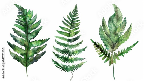 A set of three detailed watercolor fern leaves isolated on a white background