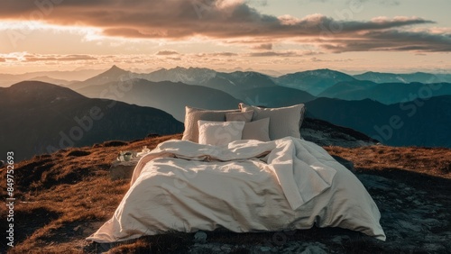 A luxurious bed with white linens set on a mountain peak, overlooking a stunning sunset, creating a serene and picturesque outdoor sleeping arrangement.Suitable for tourism, adventure advertising 