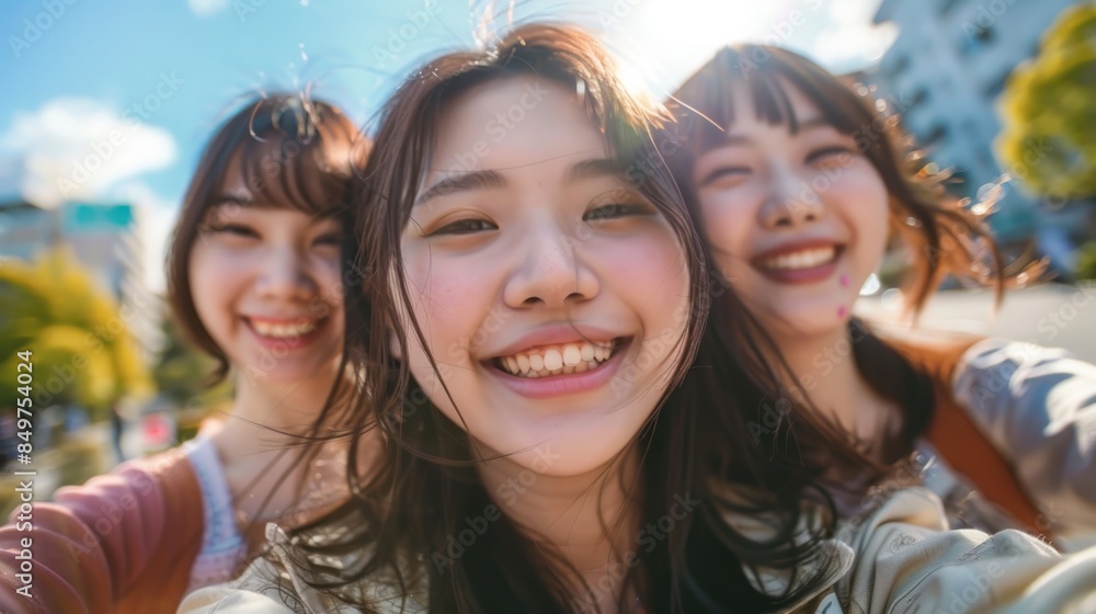 happy girls having fun together in the city while taking selfie. Concept of friendship and happiness happy girls having fun together in the city while taking selfie. Concept of friendship and happiness