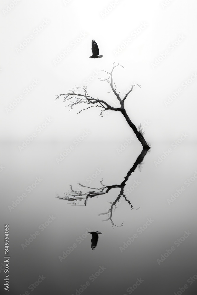 Silhouette of a dead tree reflecting on a misty lake. Lone bird flying over. Silhouette of a dead tree reflecting on a misty lake. Lone bird flying over.