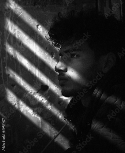 A black and white portrait of a man deep in thought, with dramatic lighting casting striped shadows across his face.