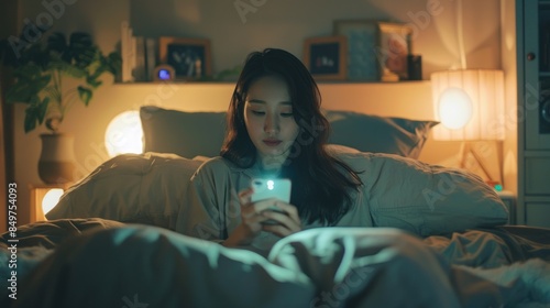 Sleepy exhausted woman lying in bed using smartphone, can not sleep. Insomnia, addiction concept. Sad girl bored in bed scrolling through social networks on mobile phone late at night