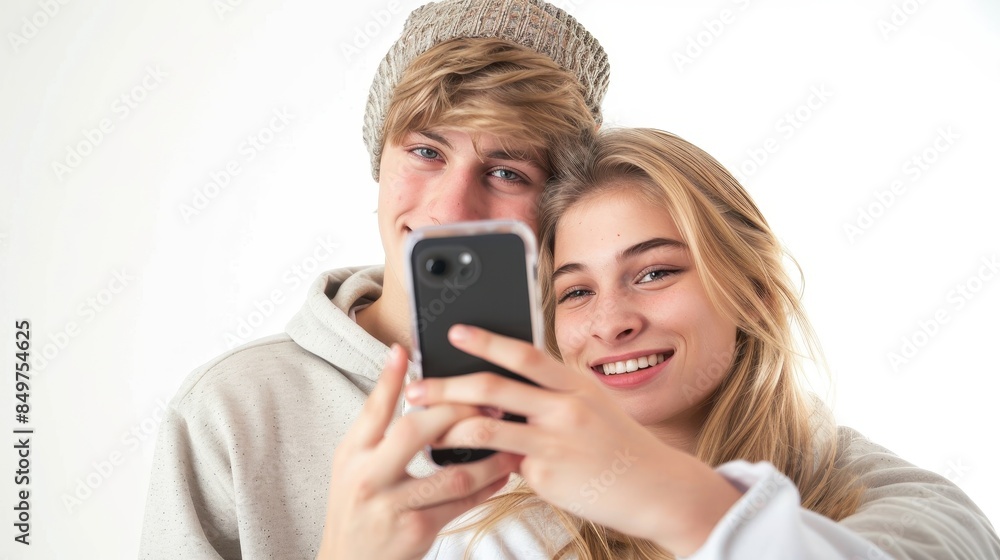 Young couple in casual clothes sharing a happy moment taking a selfie together Young couple in casual clothes sharing a happy moment taking a selfie together