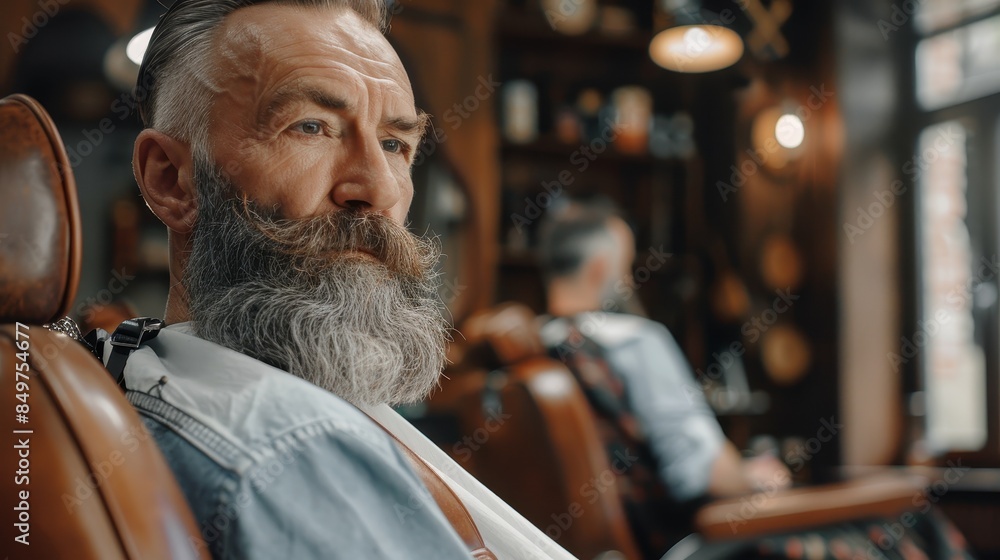 Back view of a man with a groomed beard sitting in a barber chair, likely waiting for a barber, in a well-appointed modern barbershop Back view of a man with a groomed beard sitting in a barber chair, likely waiting for a barber, in a well-appointed modern barbershop