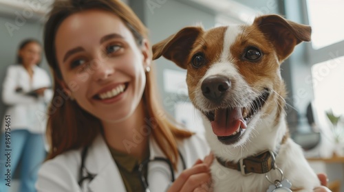 A smiling veterinarian and a playful dog are facing the camera in a cheerful clinical setting