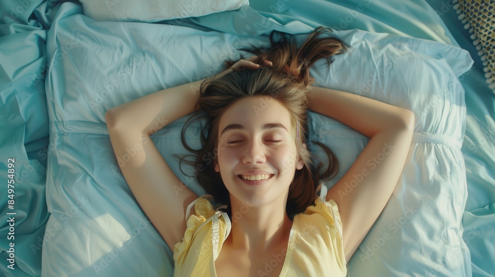 A young woman enjoys relaxation lying on her back in a blue bed with a serene expression A young woman enjoys relaxation lying on her back in a blue bed with a serene expression